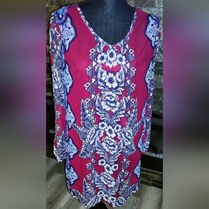 Pink Owl Apparel Floral Print Dress in Wine, Beige and Blue Size Large